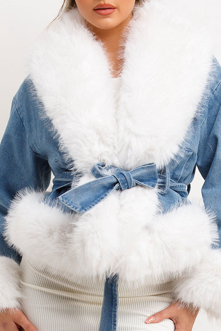 Dayana | women’s faux fur trimmed denim jacket with belt