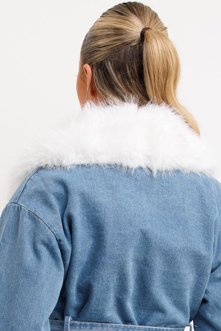 Dayana | women’s faux fur trimmed denim jacket with belt