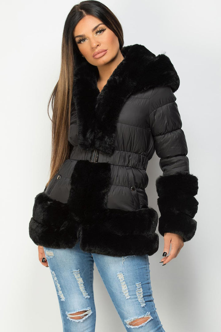Estelle | Women’s luxe faux fur trim belted puffer jacket