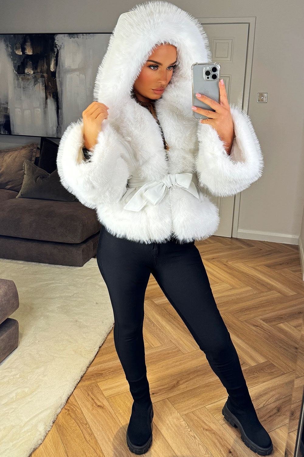 Azari | Women’s faux leather short coat with fur hood & belt