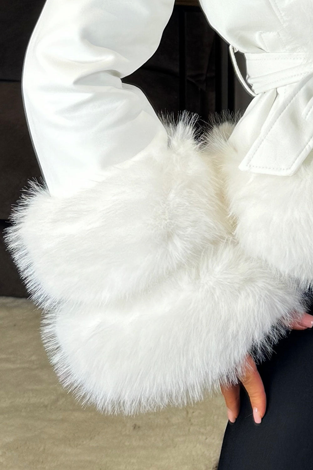 Azari | Women’s faux leather short coat with fur hood & belt