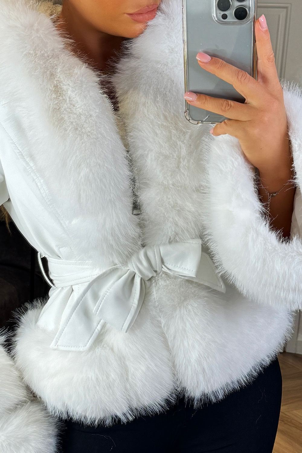 Azari | Women’s faux leather short coat with fur hood & belt