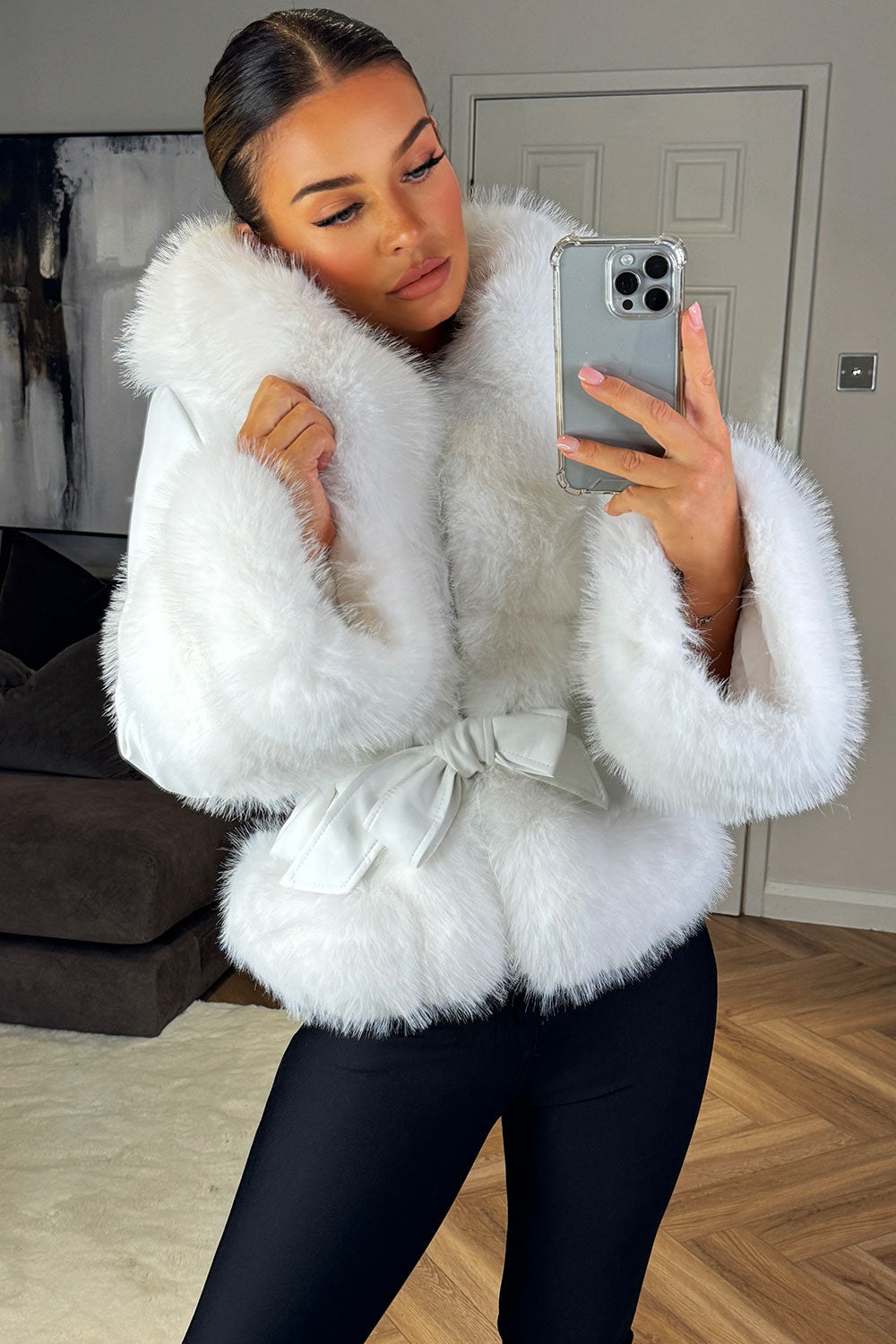 Azari | Women’s faux leather short coat with fur hood & belt