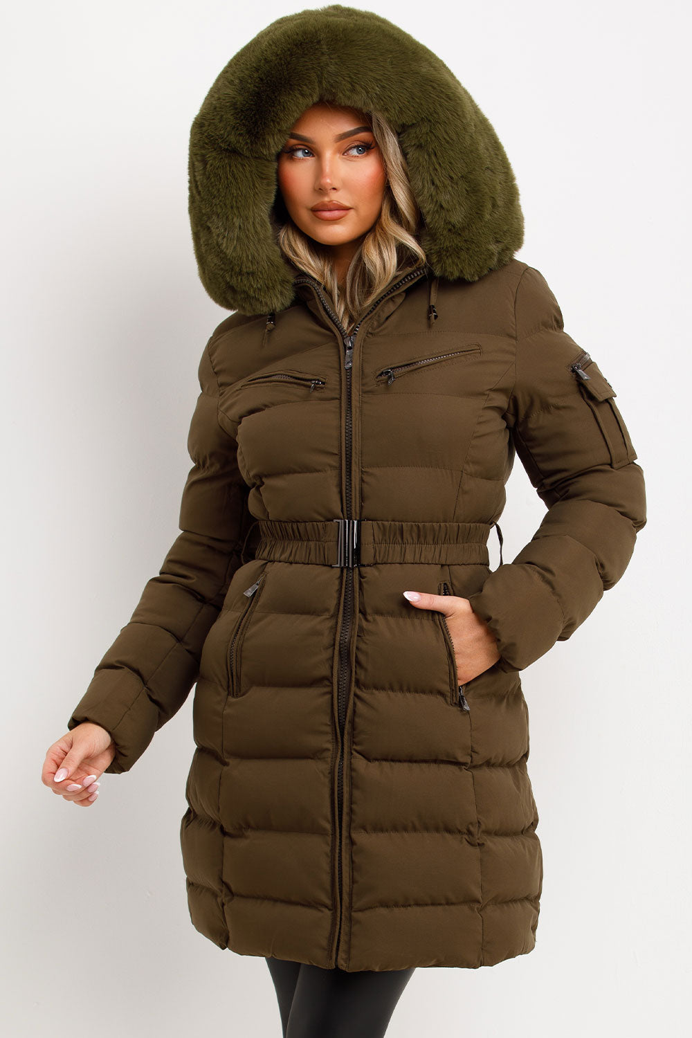 Viennan | Women’s longline belted puffer coat with faux fur hood