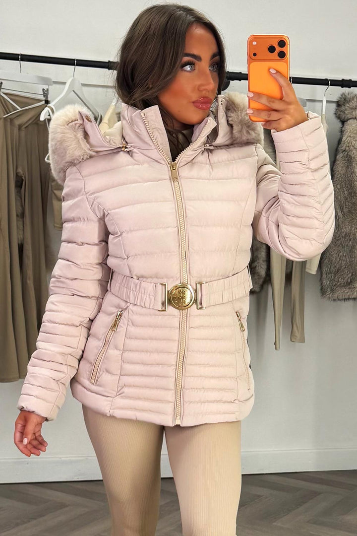 Penny | Women’s faux fur hooded puffer jacket with gold belt