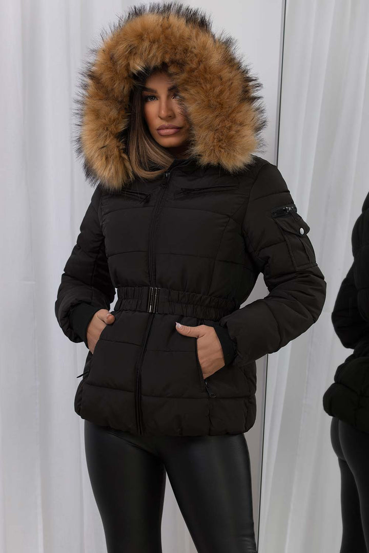 Lucille | Women’s belted faux fur hooded puffer jacket