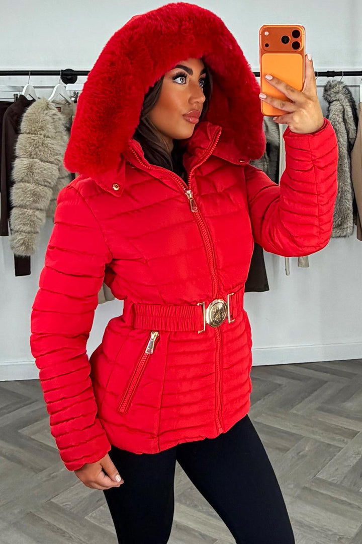 Megan | Women’s faux fur hooded puffer jacket with belt