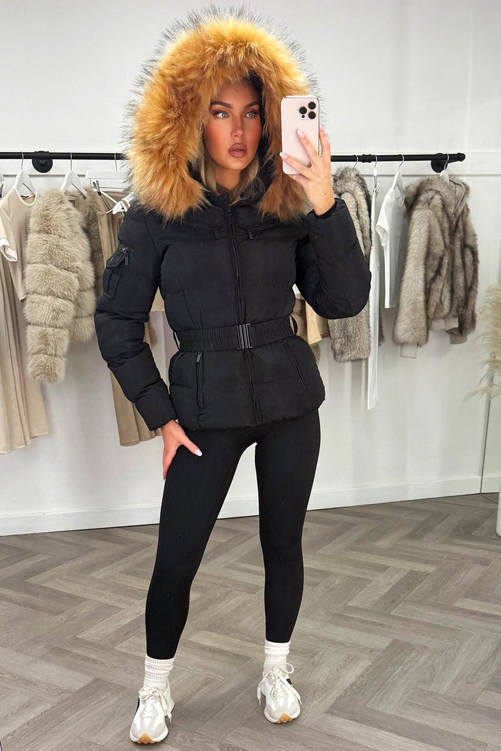 Lucille | Women’s belted faux fur hooded puffer jacket