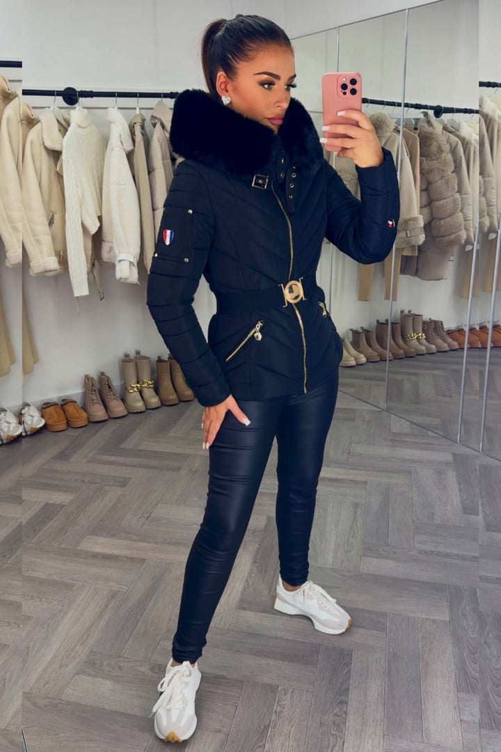 Michelle | Women’s luxe belted puffer jacket with faux fur hood