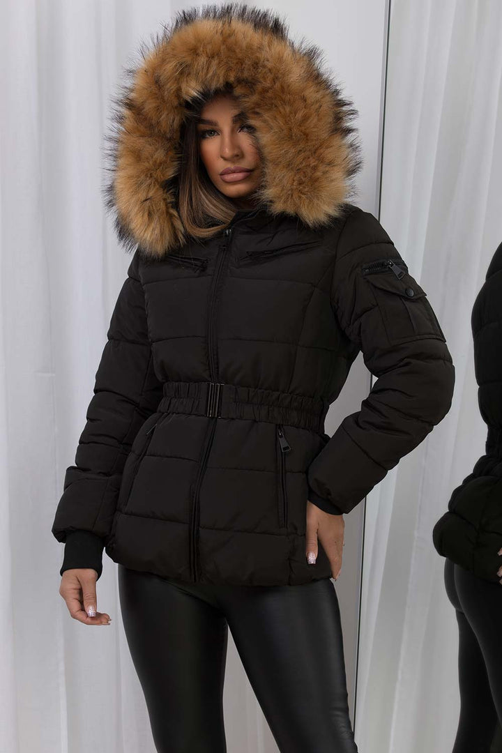 Lucille | Women’s belted faux fur hooded puffer jacket