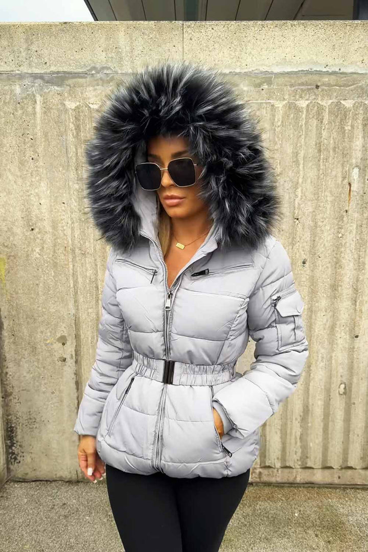 Cassidy | Women’s belted puffer jacket with detachable faux fur hood