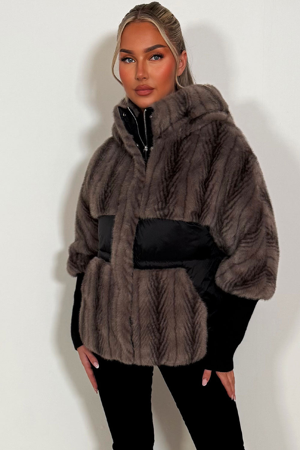 Halle | Women’s faux fur hooded jacket with contrast waist panel