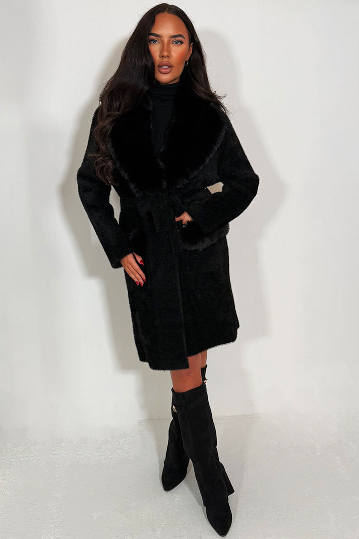 Angelina | Women’s black belted coat with faux fur collar
