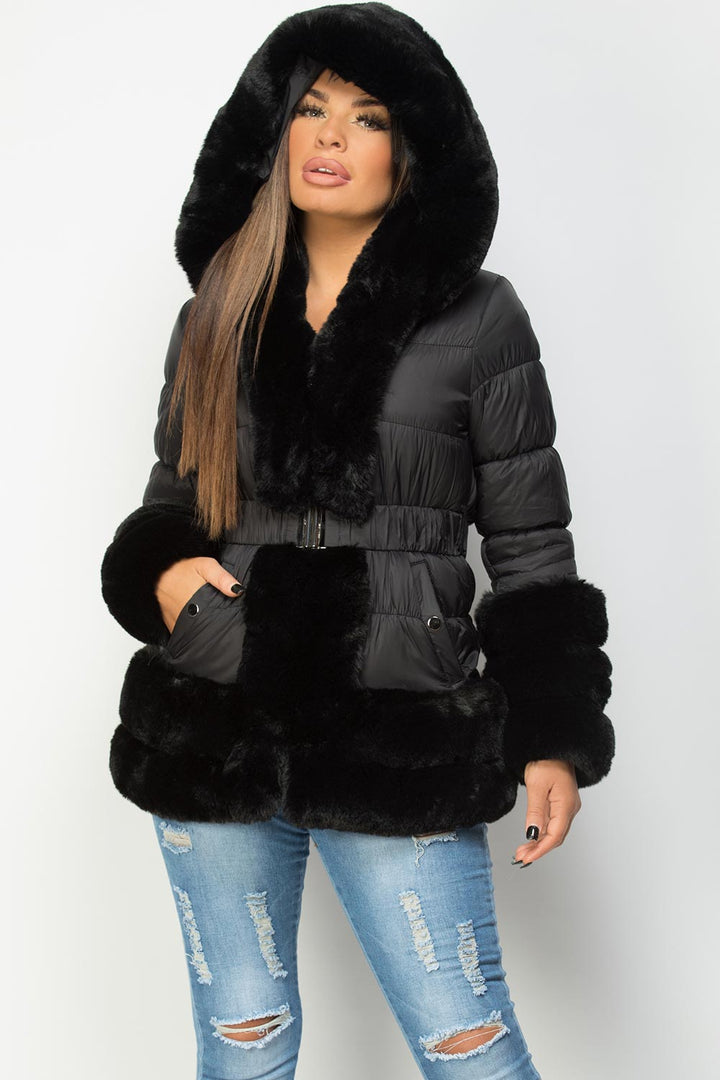 Estelle | Women’s luxe faux fur trim belted puffer jacket
