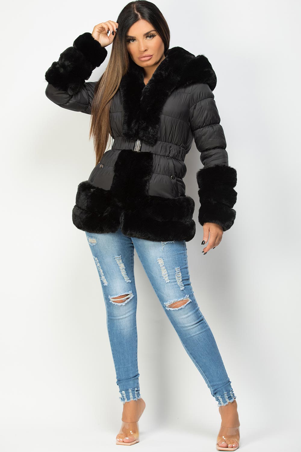 Estelle | Women’s luxe faux fur trim belted puffer jacket