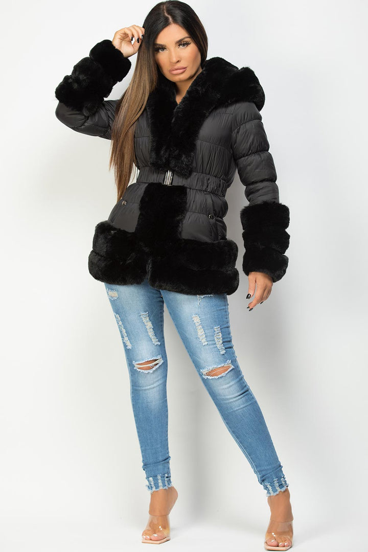 Estelle | Women’s luxe faux fur trim belted puffer jacket