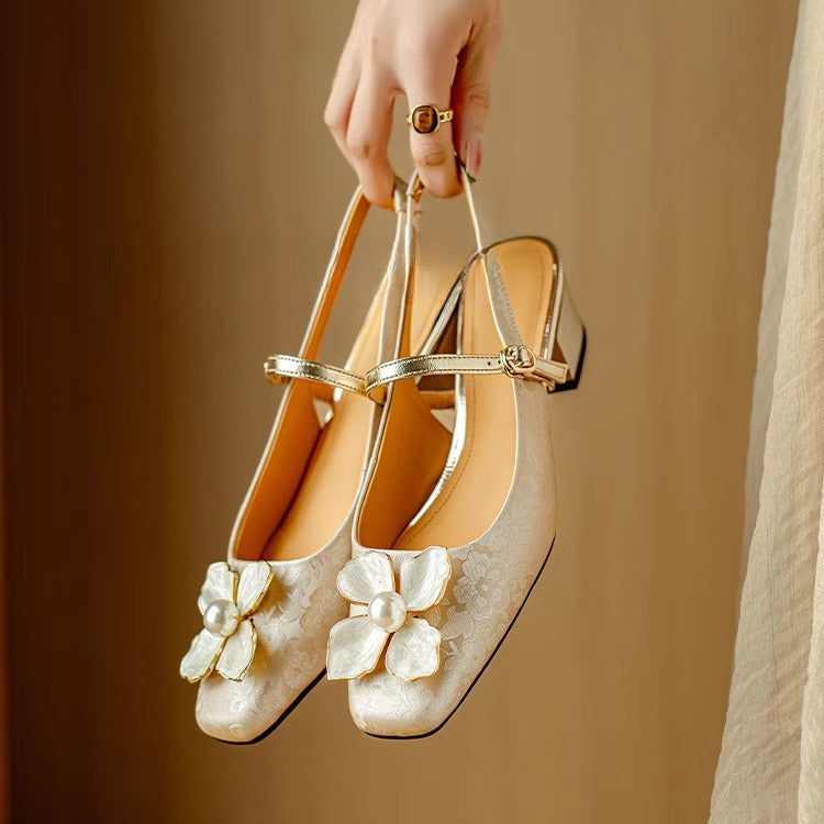 Azalea | Women’s block heel sandals with floral embellishment