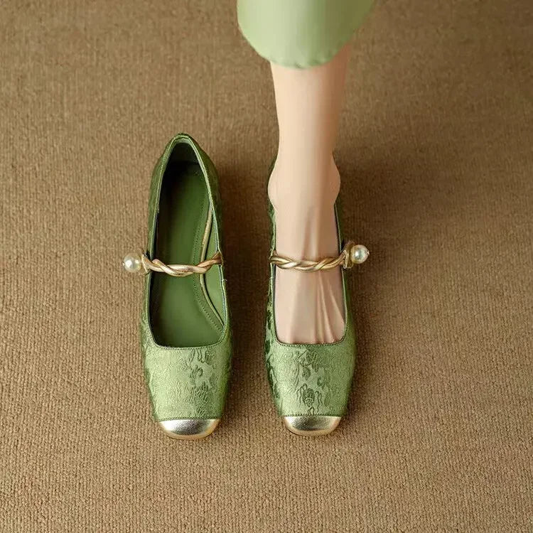 Blythe | Women’s block heel sandals with pearl strap and metallic toe cap