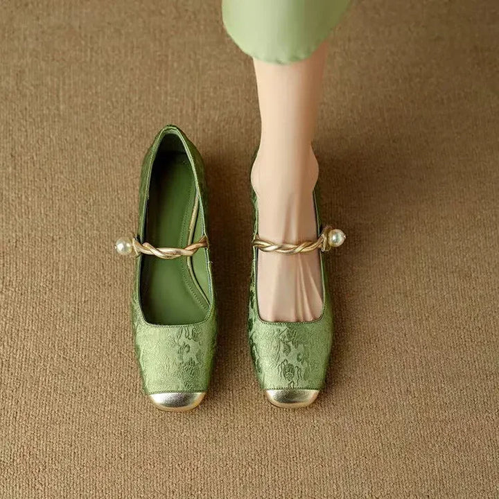 Blythe | Women’s block heel sandals with pearl strap and metallic toe cap