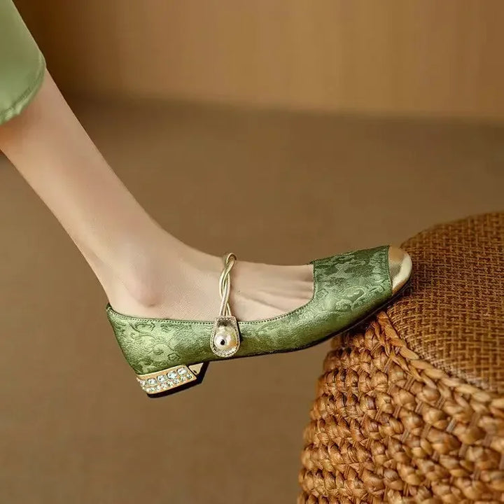Blythe | Women’s block heel sandals with pearl strap and metallic toe cap