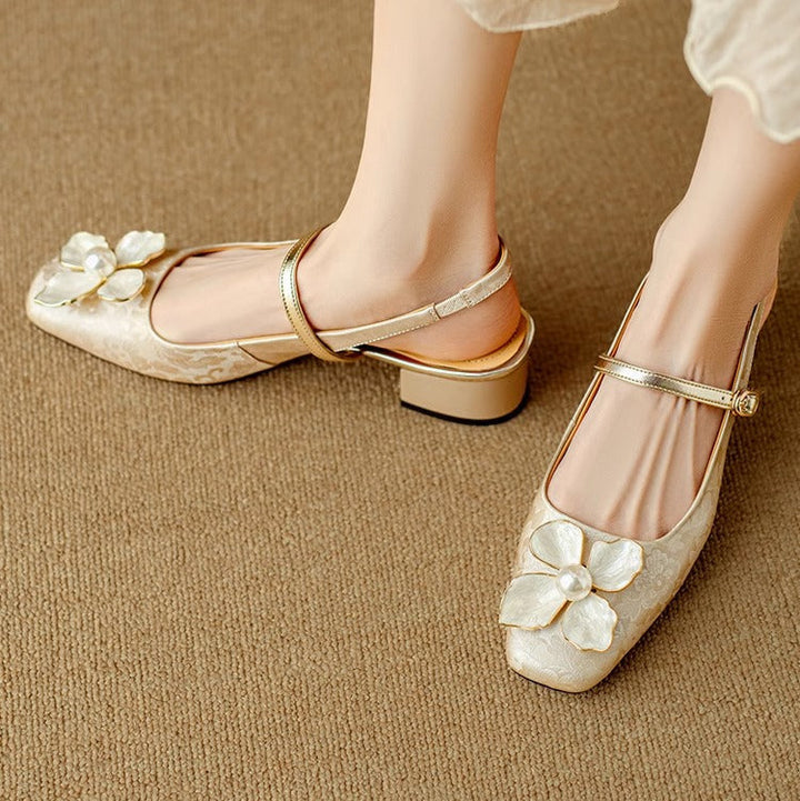 Azalea | Women’s block heel sandals with floral embellishment