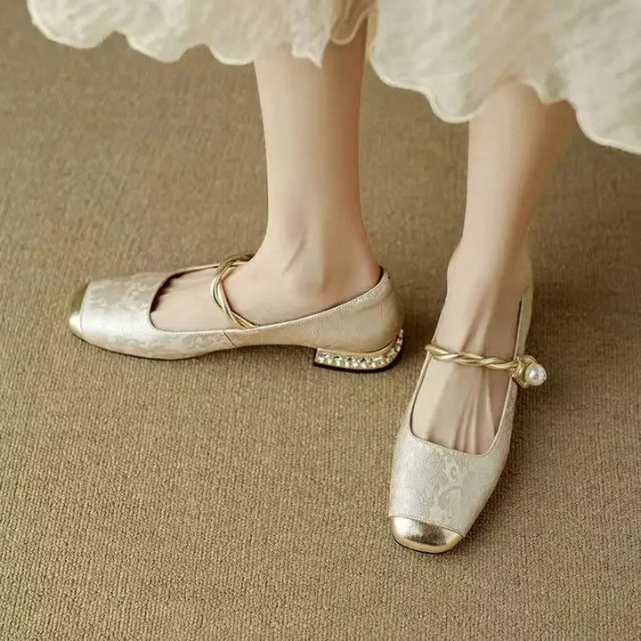 Blythe | Women’s block heel sandals with pearl strap and metallic toe cap