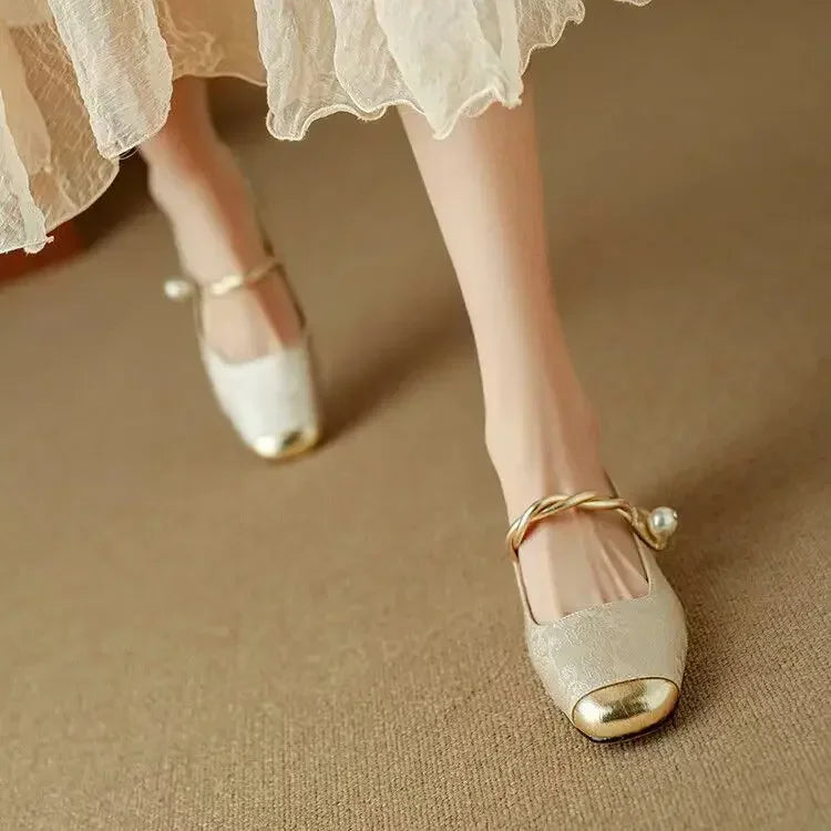 Blythe | Women’s block heel sandals with pearl strap and metallic toe cap
