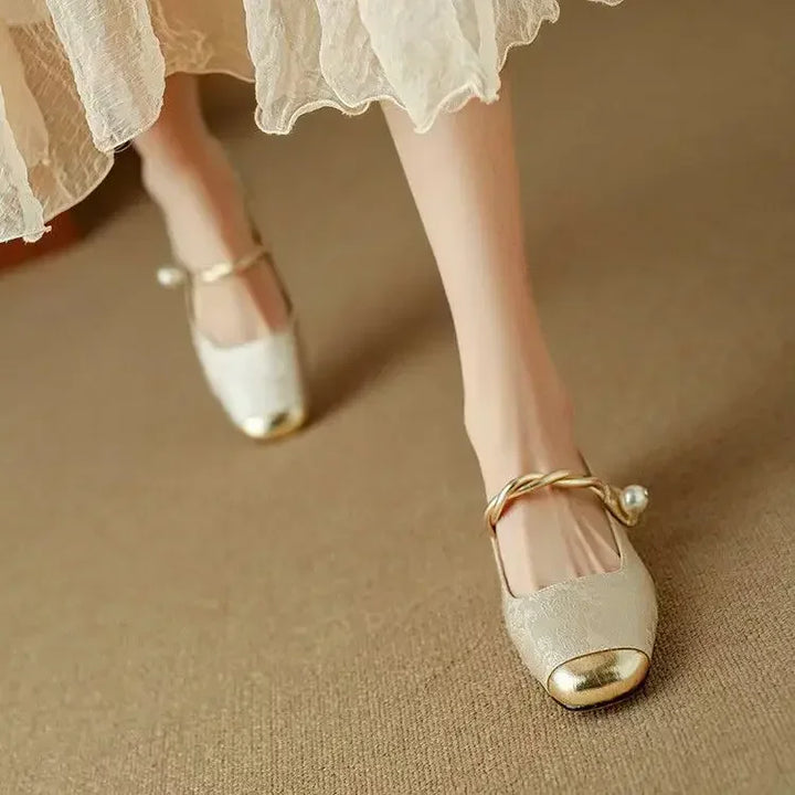 Blythe | Women’s block heel sandals with pearl strap and metallic toe cap