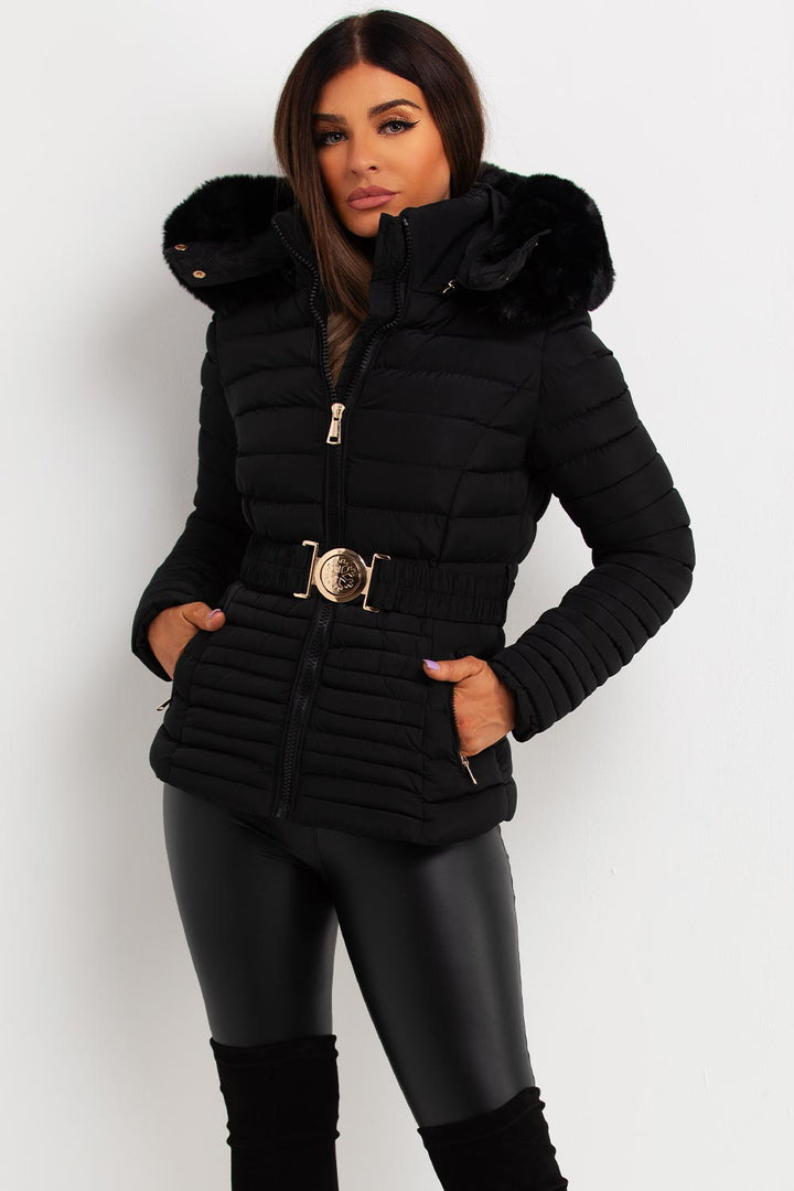 Ariel | Women’s faux fur hooded puffer jacket with gold belt