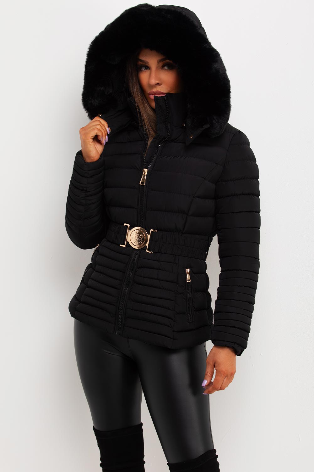 Ariel | Women’s faux fur hooded puffer jacket with gold belt