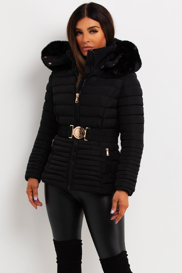 Ariel | Women’s faux fur hooded puffer jacket with gold belt