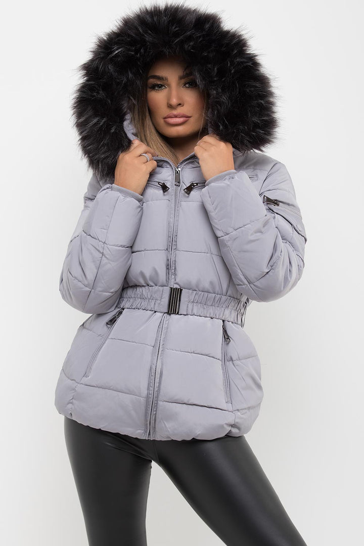 Cassidy | Women’s belted puffer jacket with detachable faux fur hood