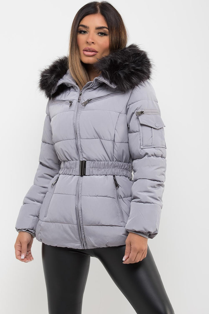 Cassidy | Women’s belted puffer jacket with detachable faux fur hood