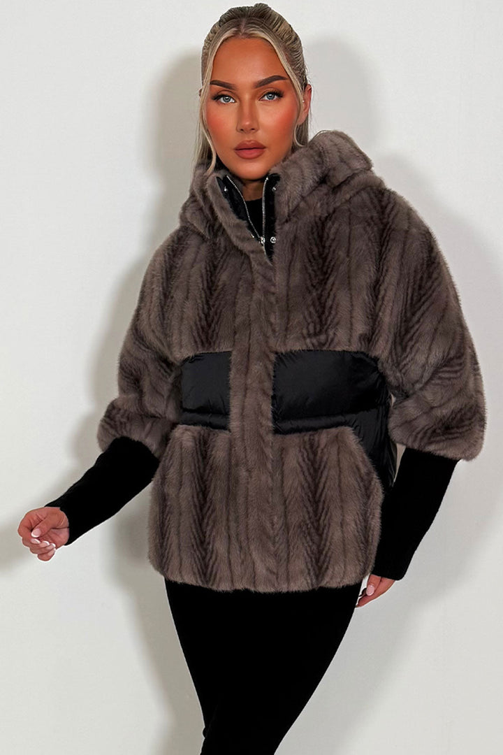 Halle | Women’s faux fur hooded jacket with contrast waist panel