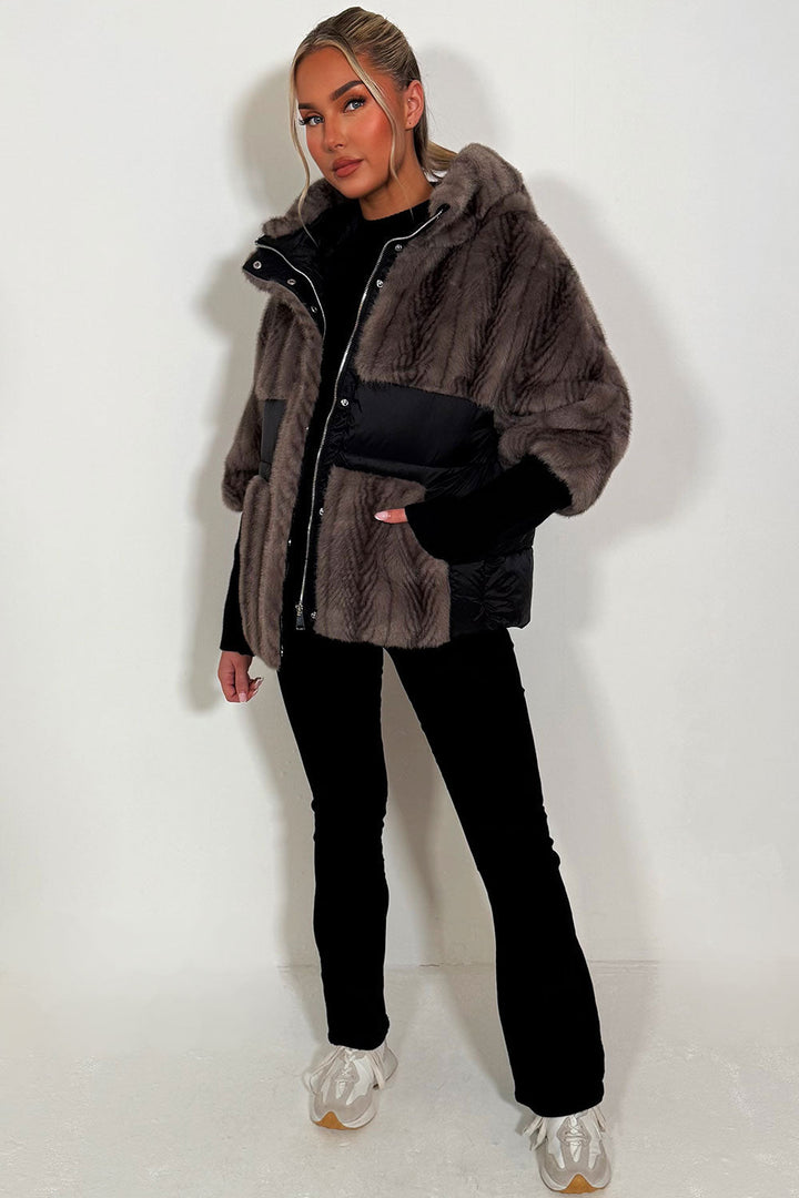Halle | Women’s faux fur hooded jacket with contrast waist panel