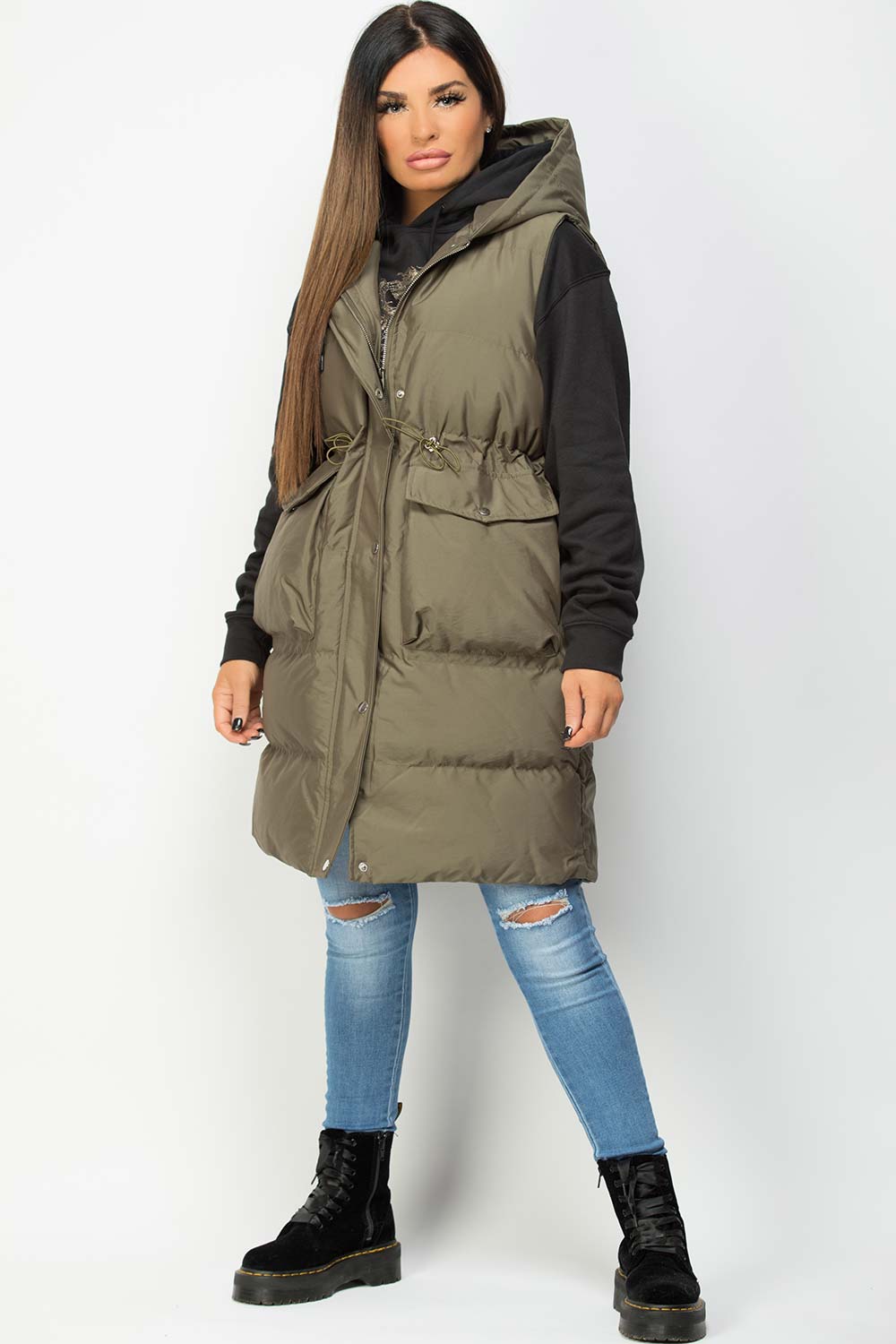 Alejandra | Women’s hooded longline puffer vest with drawstring waist