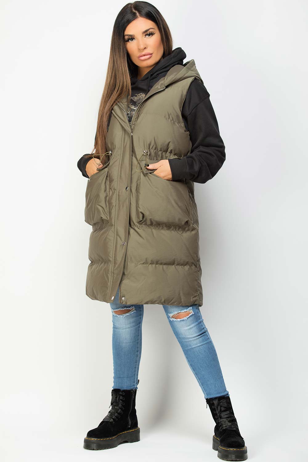 Alejandra | Women’s hooded longline puffer vest with drawstring waist
