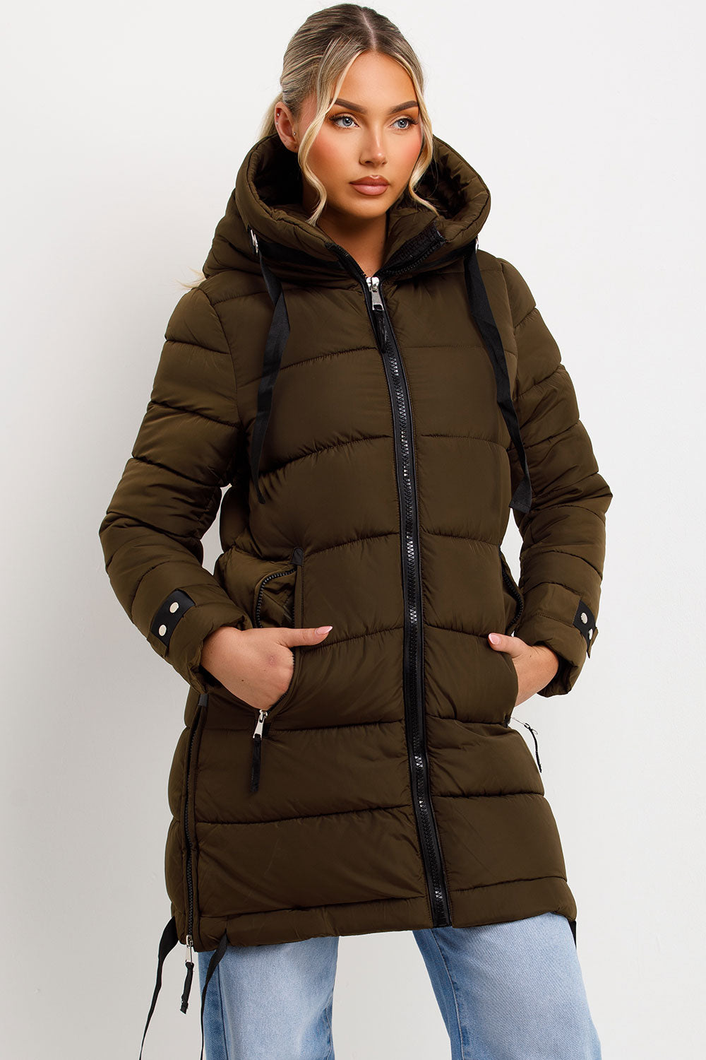 Ivey | Women’s longline puffer coat with hood and side straps