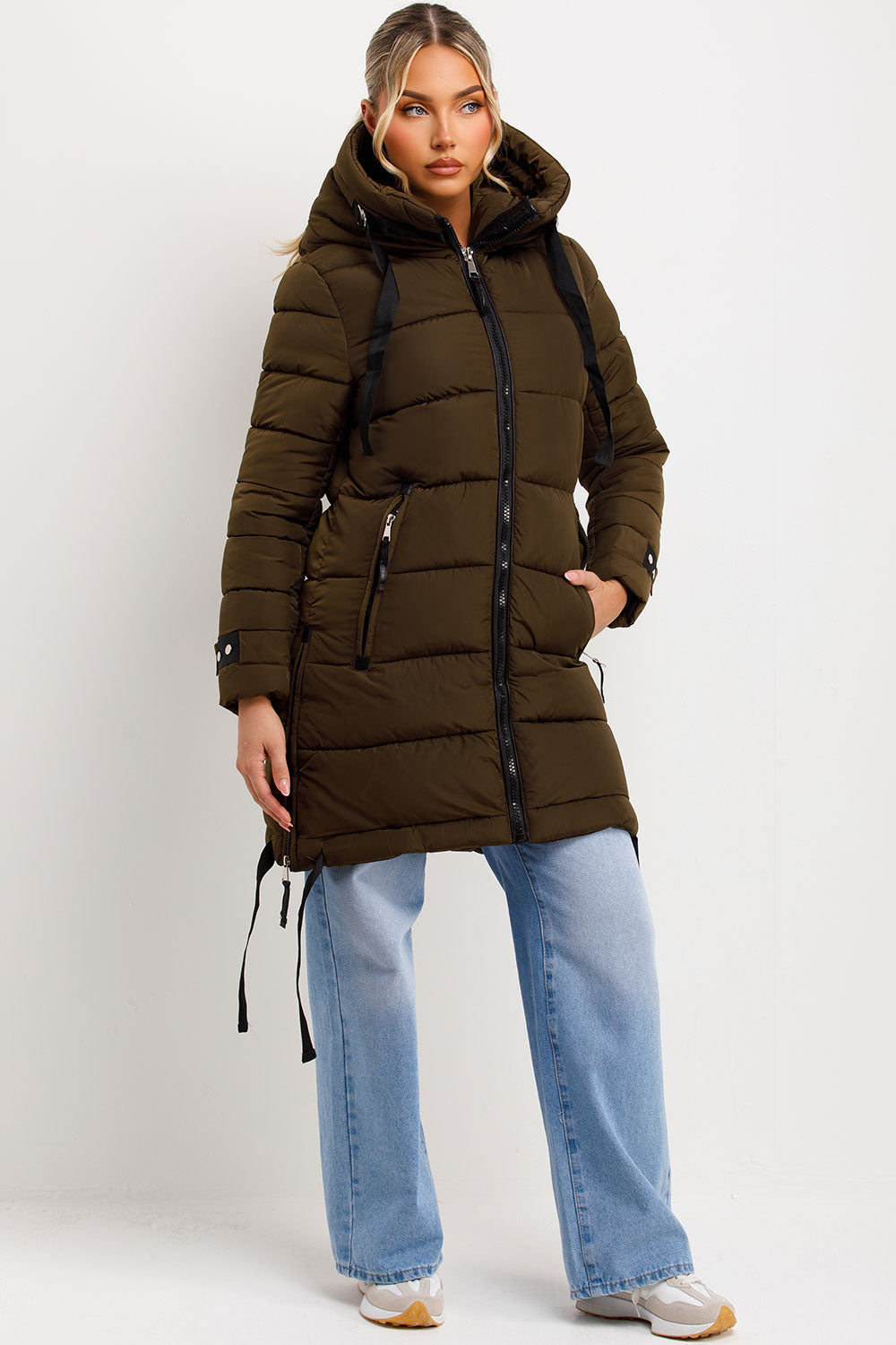 Ivey | Women’s longline puffer coat with hood and side straps