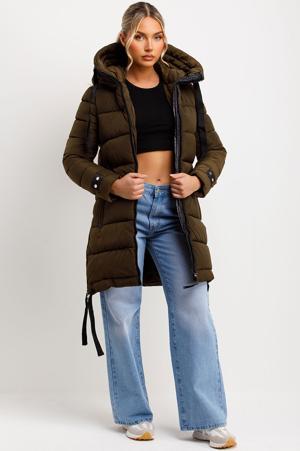 Ivey | Women’s longline puffer coat with hood and side straps