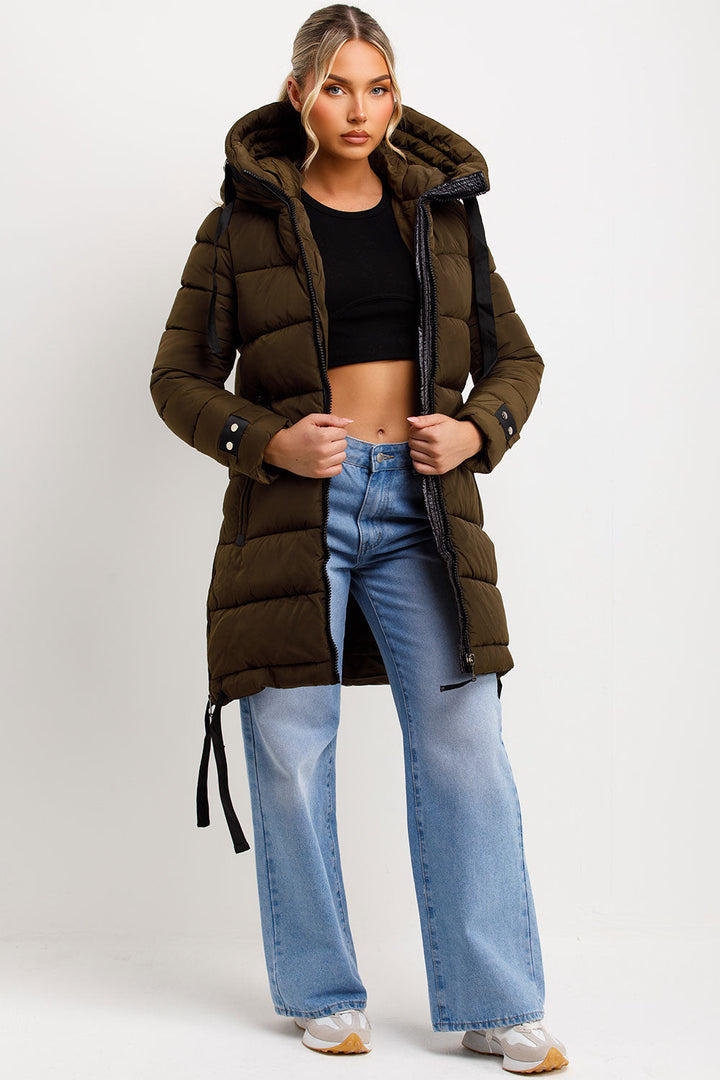 Ivey | Women’s longline puffer coat with hood and side straps