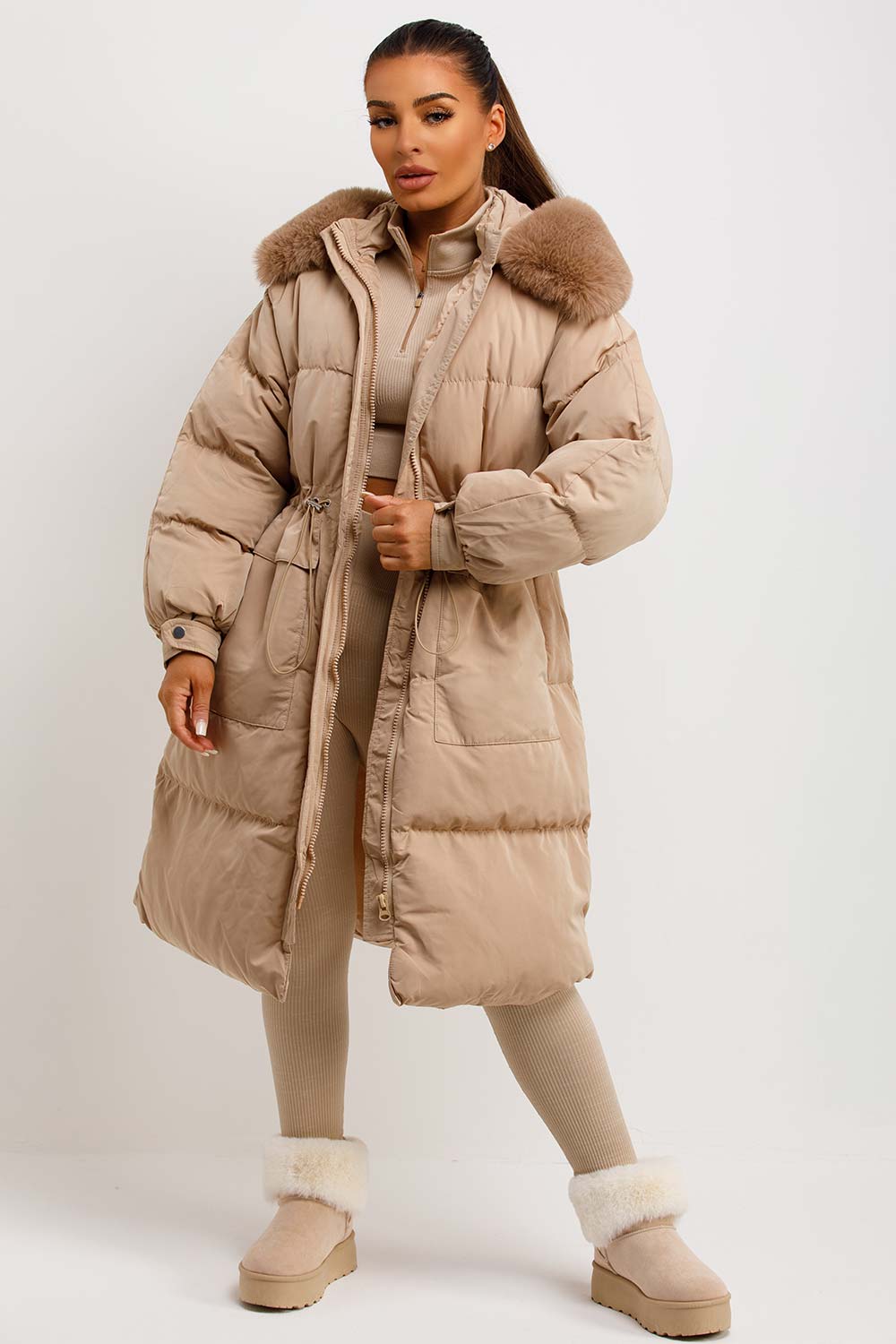 Jolie | Women's longline puffer coat with premium faux fur hood
