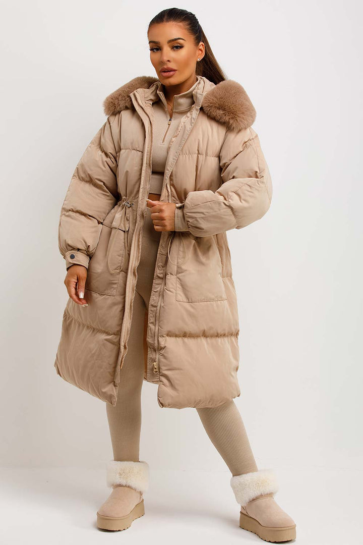 Jolie | Women's longline puffer coat with premium faux fur hood