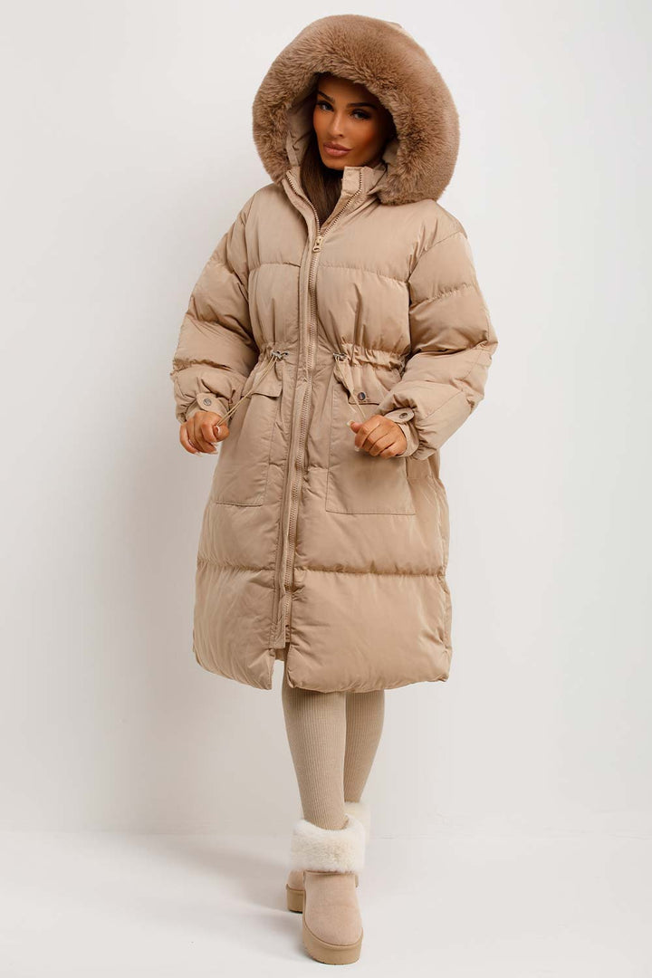 Jolie | Women's longline puffer coat with premium faux fur hood