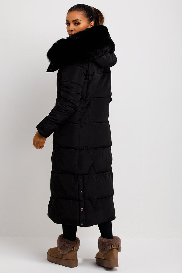 Maci | Women’s longline puffer coat with oversized faux fur hood