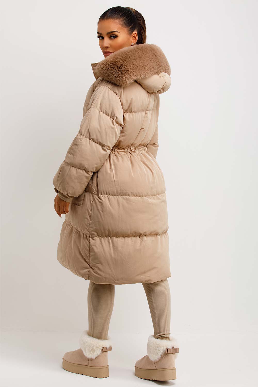 Jolie | Women's longline puffer coat with premium faux fur hood