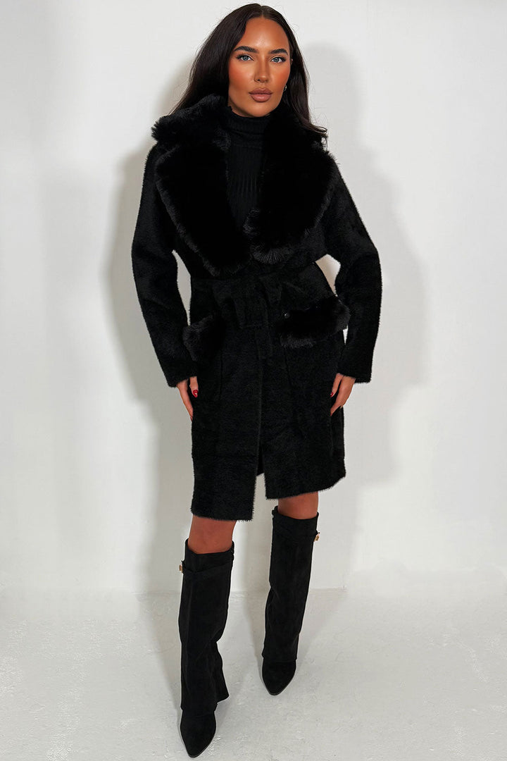 Angelina | Women’s black belted coat with faux fur collar