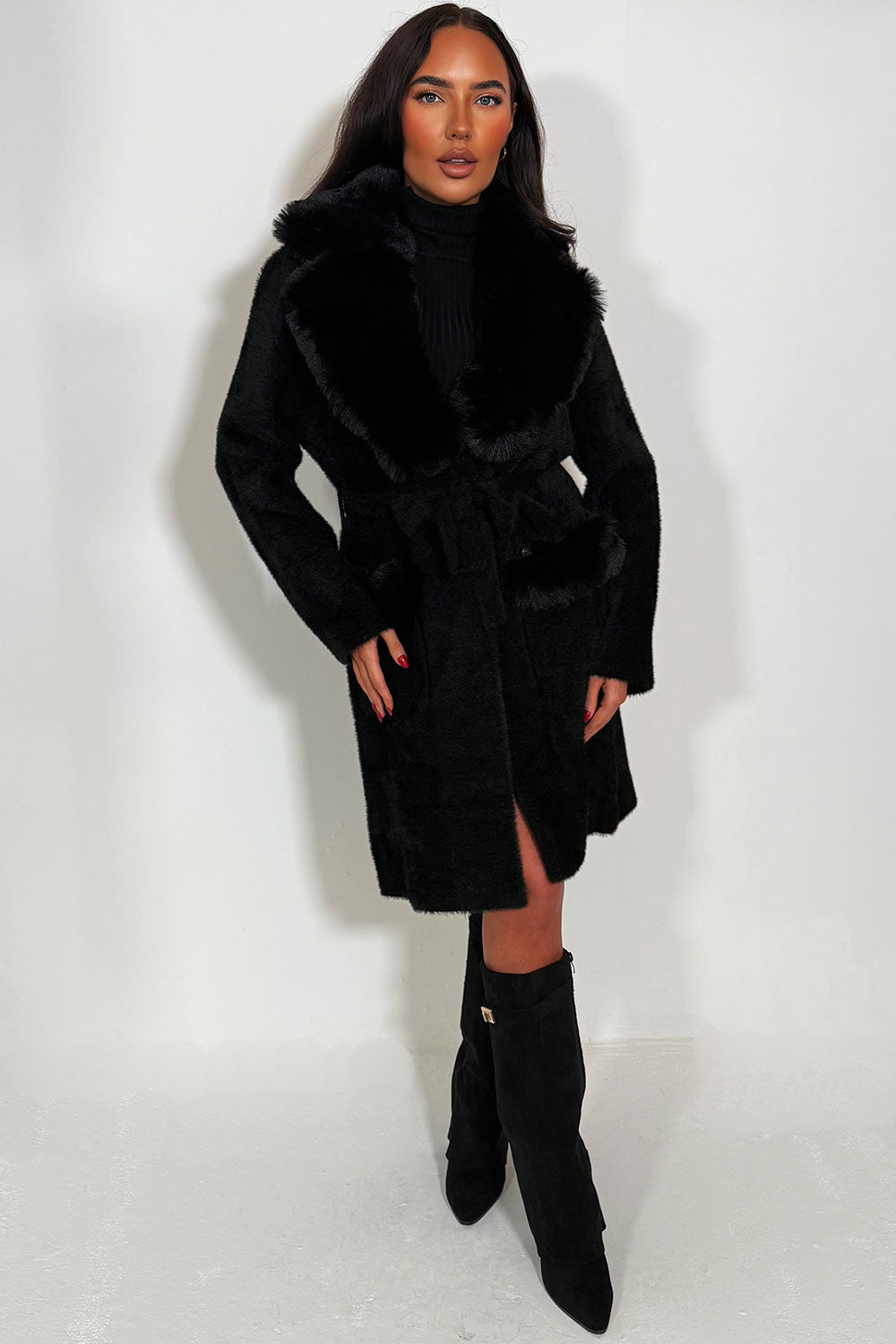 Angelina | Women’s black belted coat with faux fur collar