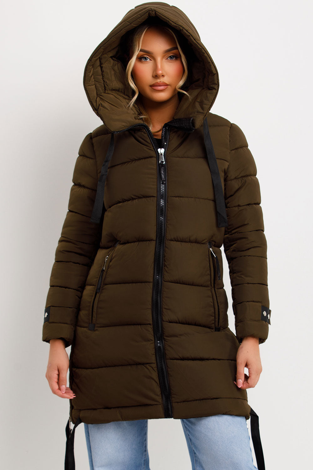 Ivey | Women’s longline puffer coat with hood and side straps