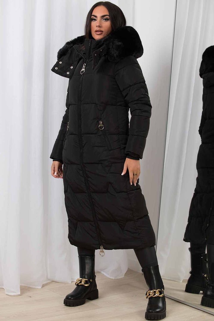 Maci | Women’s longline puffer coat with oversized faux fur hood